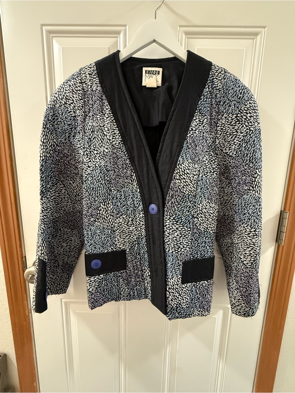 Vintage, Quilted Jacket Blazer Shoulder pads, power dressing, Blue Patterned